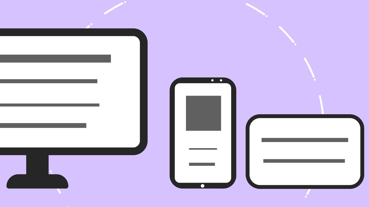 who-we-are Vector icons with modern phone near computer monitor and credit card with gray lines on purple background